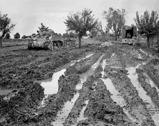 Sherman tank and a lorry in muddy terrain, Italy, c.1943-45, from a collection of 650 photographs compiled by the Commando Association